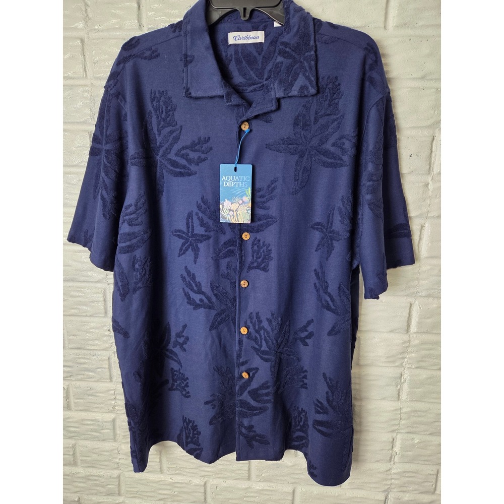 NWT Men's size XL button up shirt Textured Caribbean Aquatic Depths short sleeve